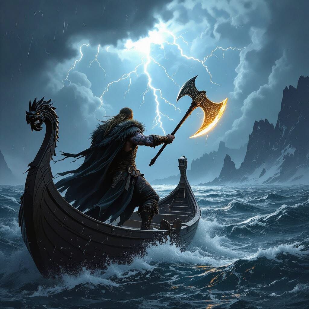 Viking Warrior on Longship in Shadowpunk Style