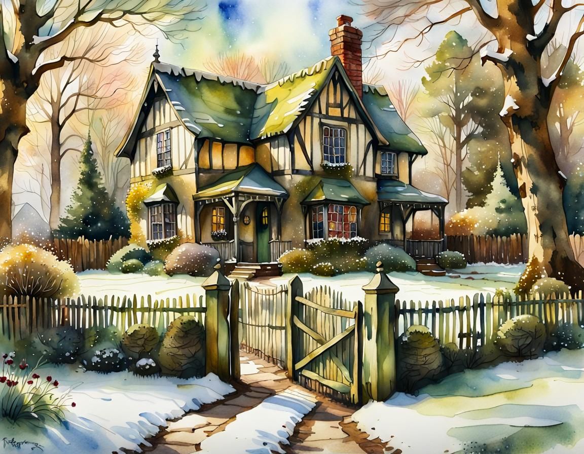 Quaint Tudor Cottage in a Snowy Winter Wonderland