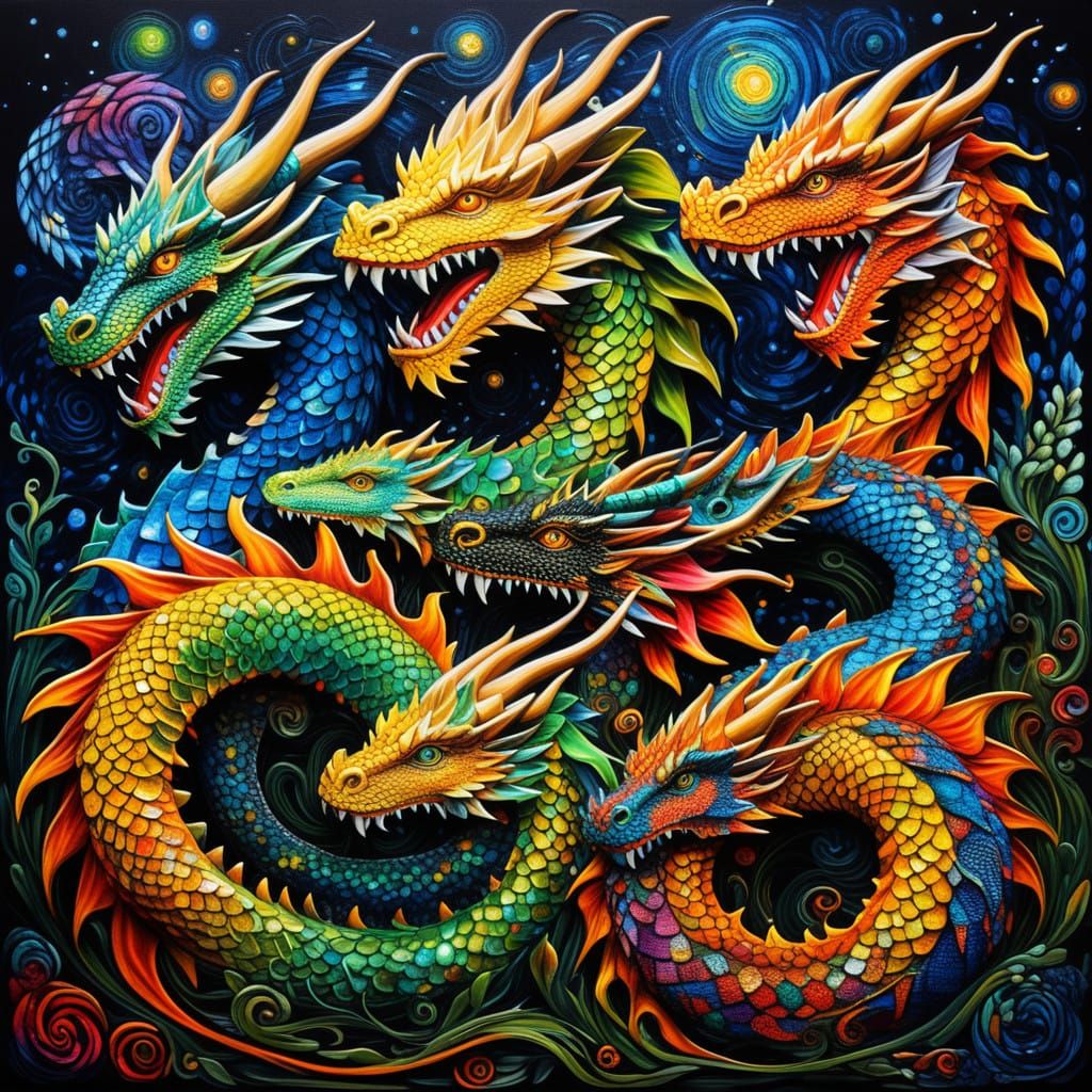 Ethereal Dragons Unite in Cosmic Dance