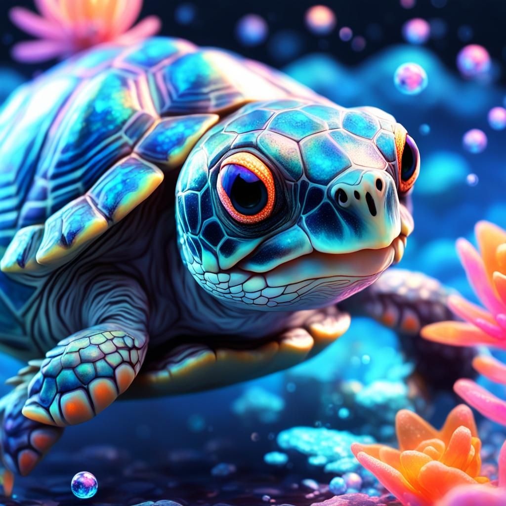 Microscopic Sparkle Turtle in 3D Anime Style