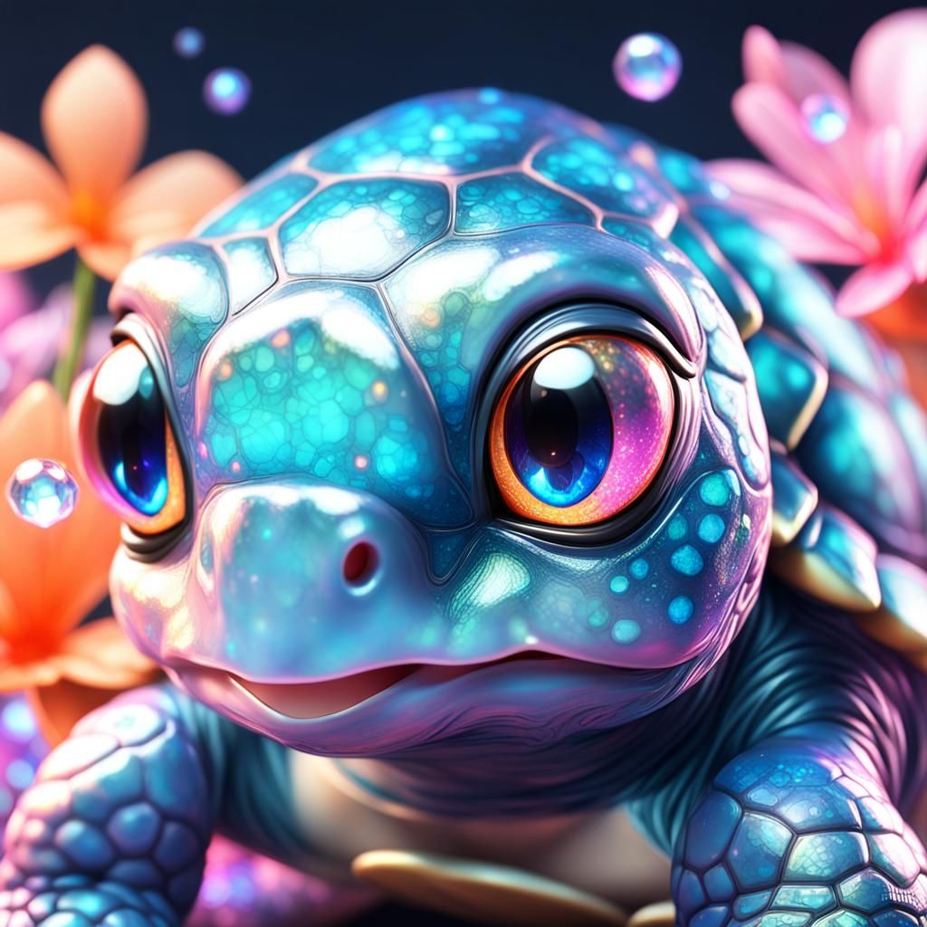 Radiant Chibi Turtle with Iridescent Shell: 3D Anime Art