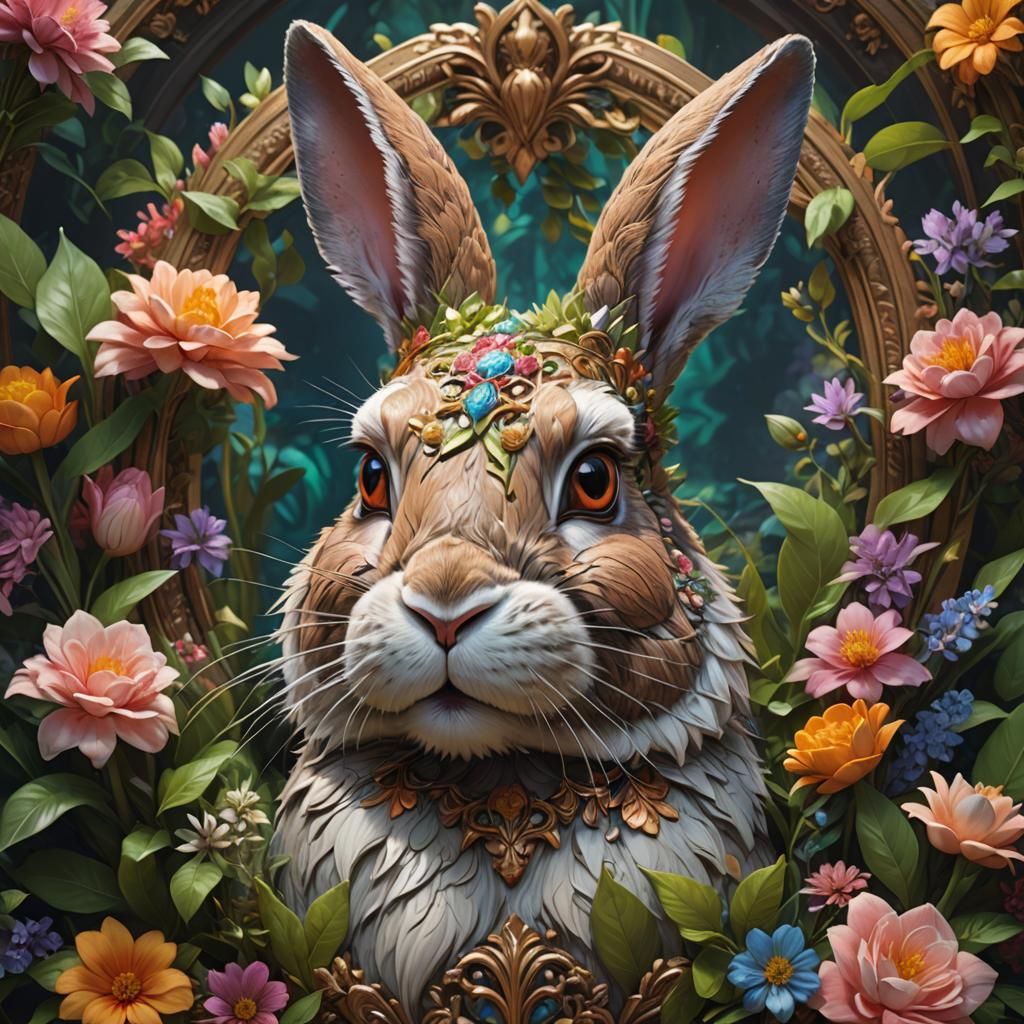 Ornate Bunny Portrait with Floral Frame