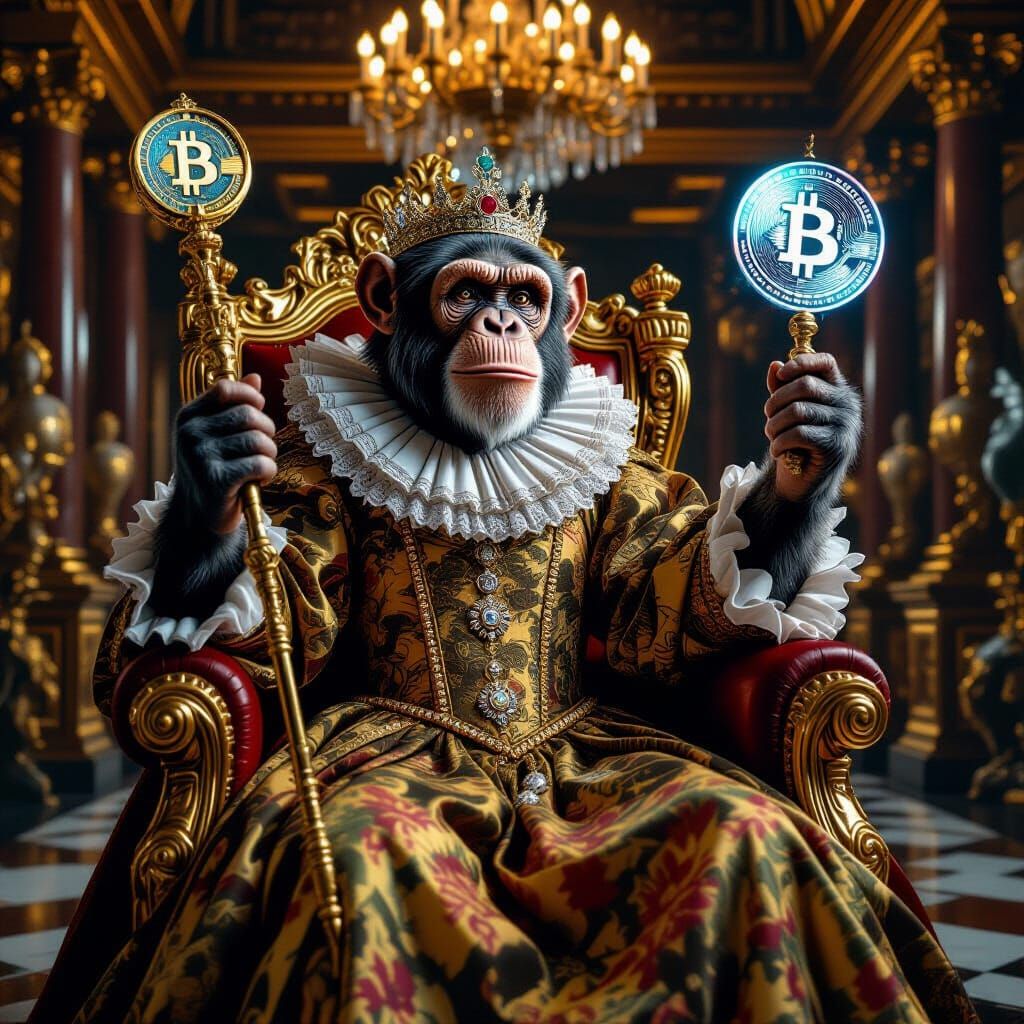 Chimpanzee King with Bitcoin Scepter, Baroque Afrofuturism
