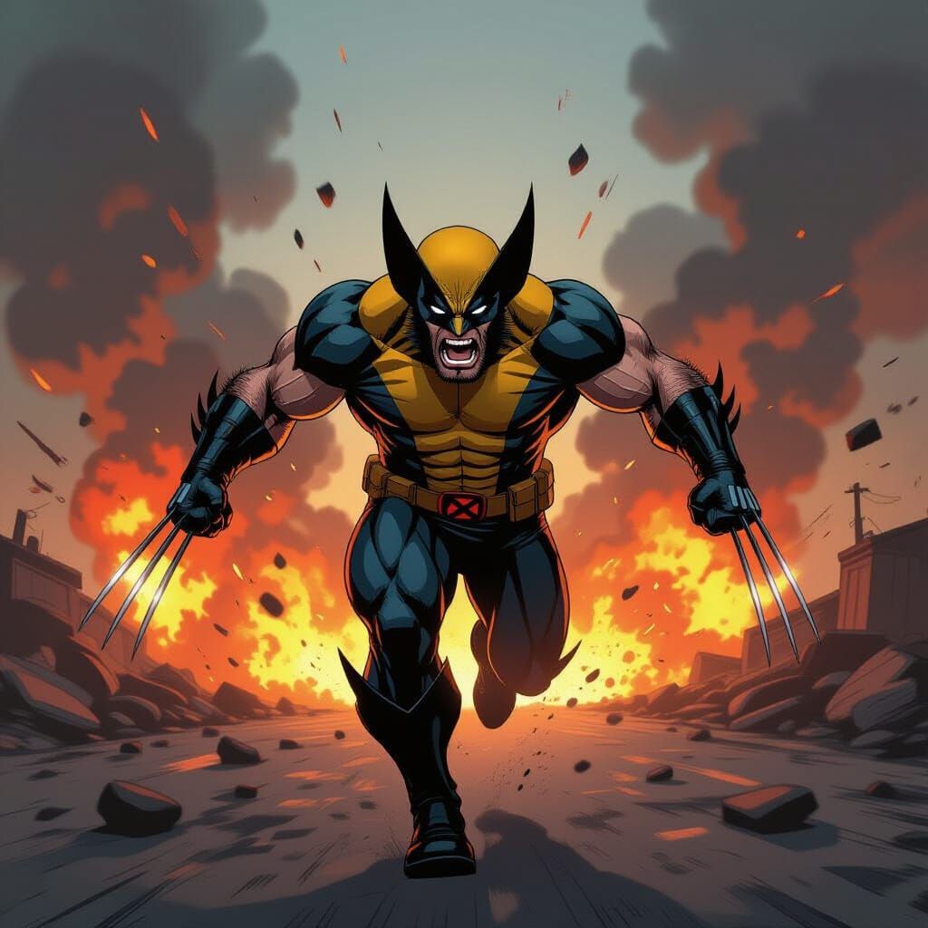 Wolverine Flees Explosions with Adamantium Gun