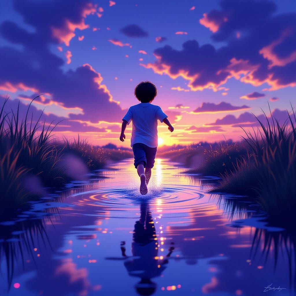Silver Boy Running Through Puddle Under Twilight Sky