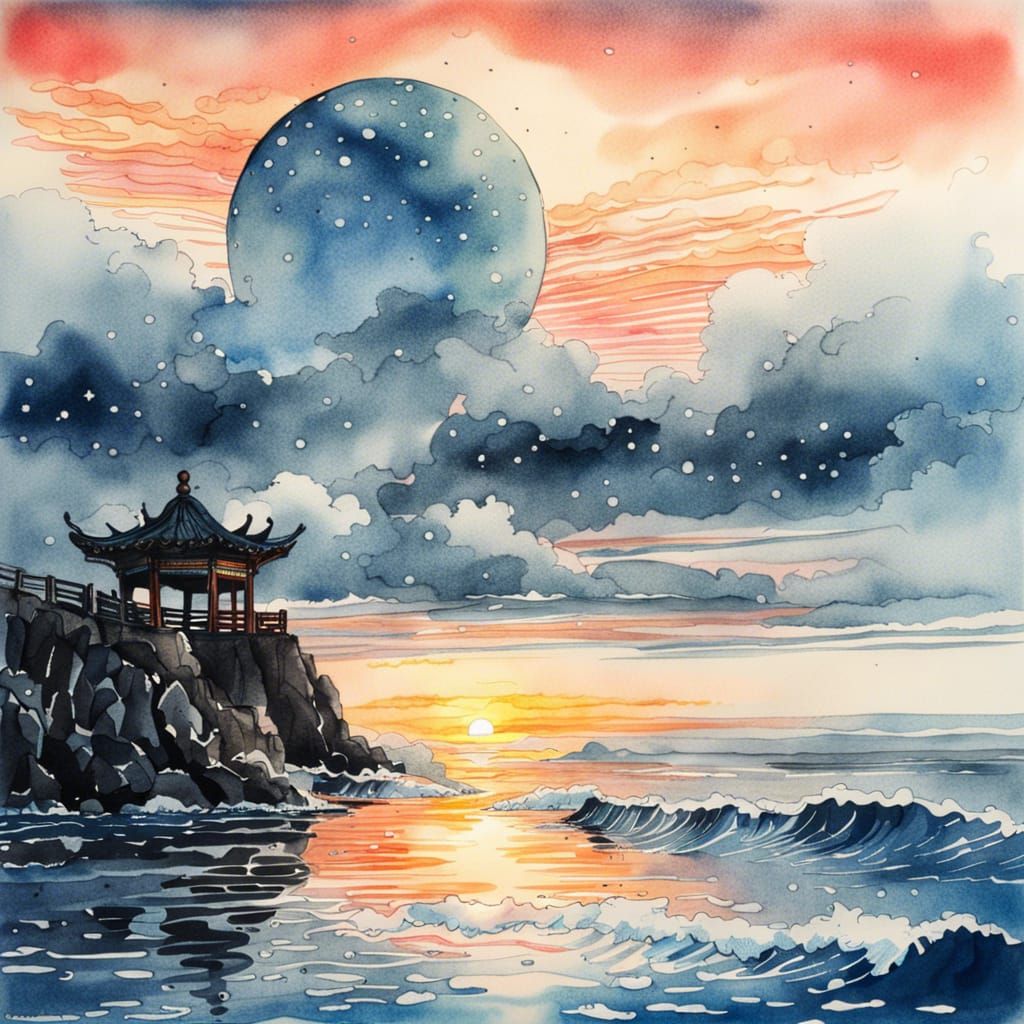 Hyperreal Ocean Sunset in Chinese Ink Style