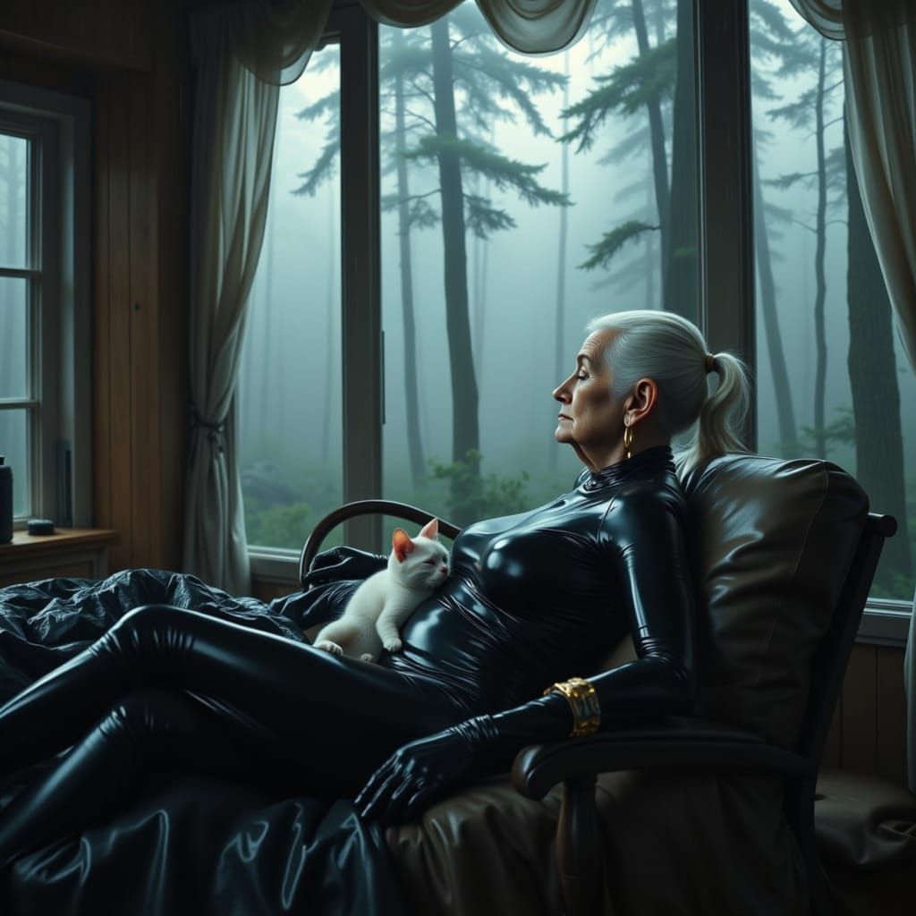 Elderly Woman and Cat Napping in Rainy Forest