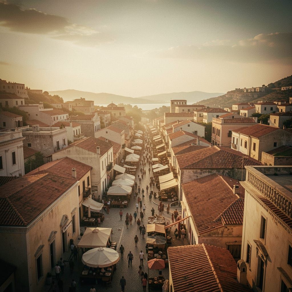 Bustling Minoan City at Dawn Cinematic Film Still