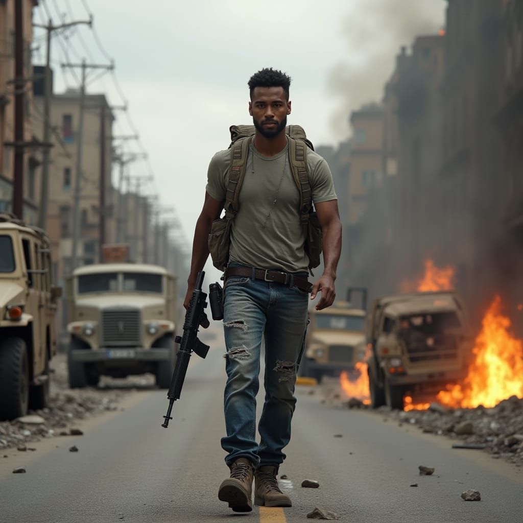 Action Photo: Man with Rifle on Battle Torn Street