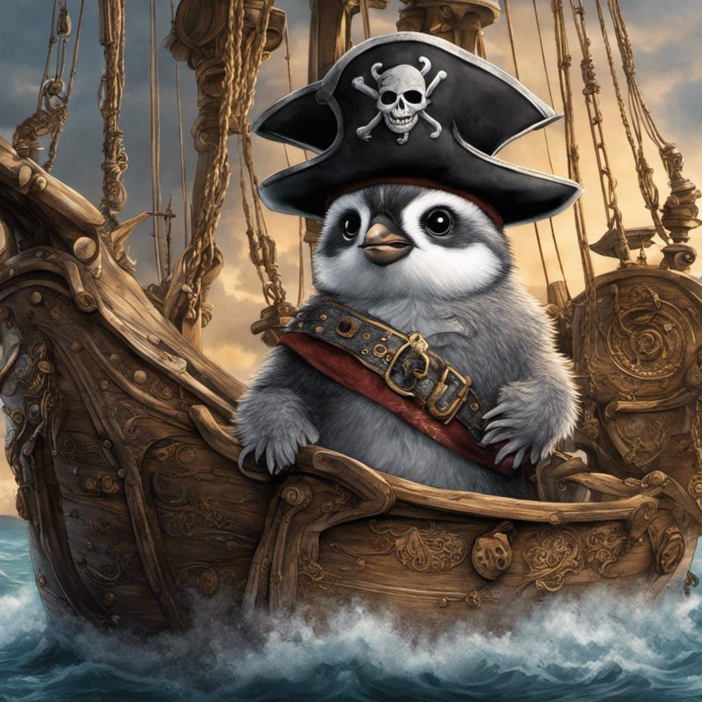 Penguin Chick Pirate on Ship in Graphic Novel Style