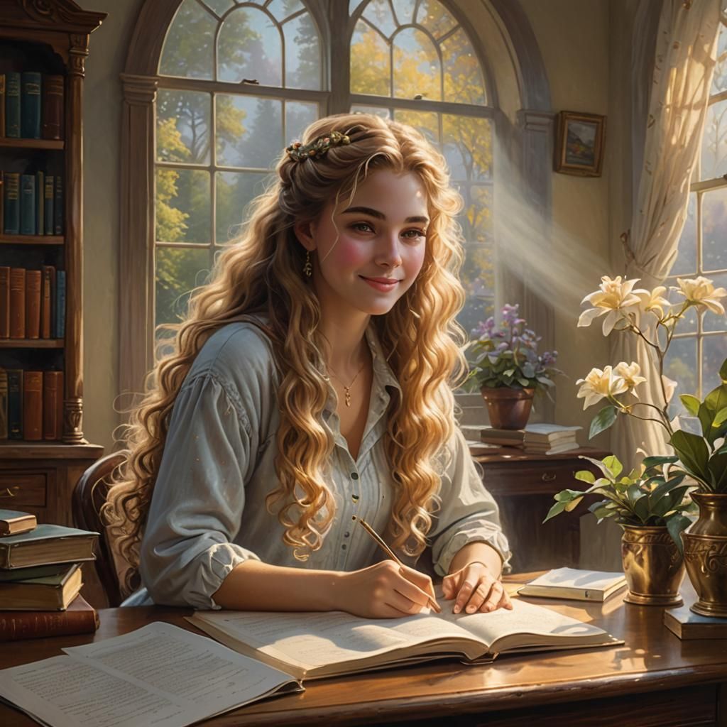 Smiling Girl Studying: Ethereal Fantasy by Thomas Kinkade