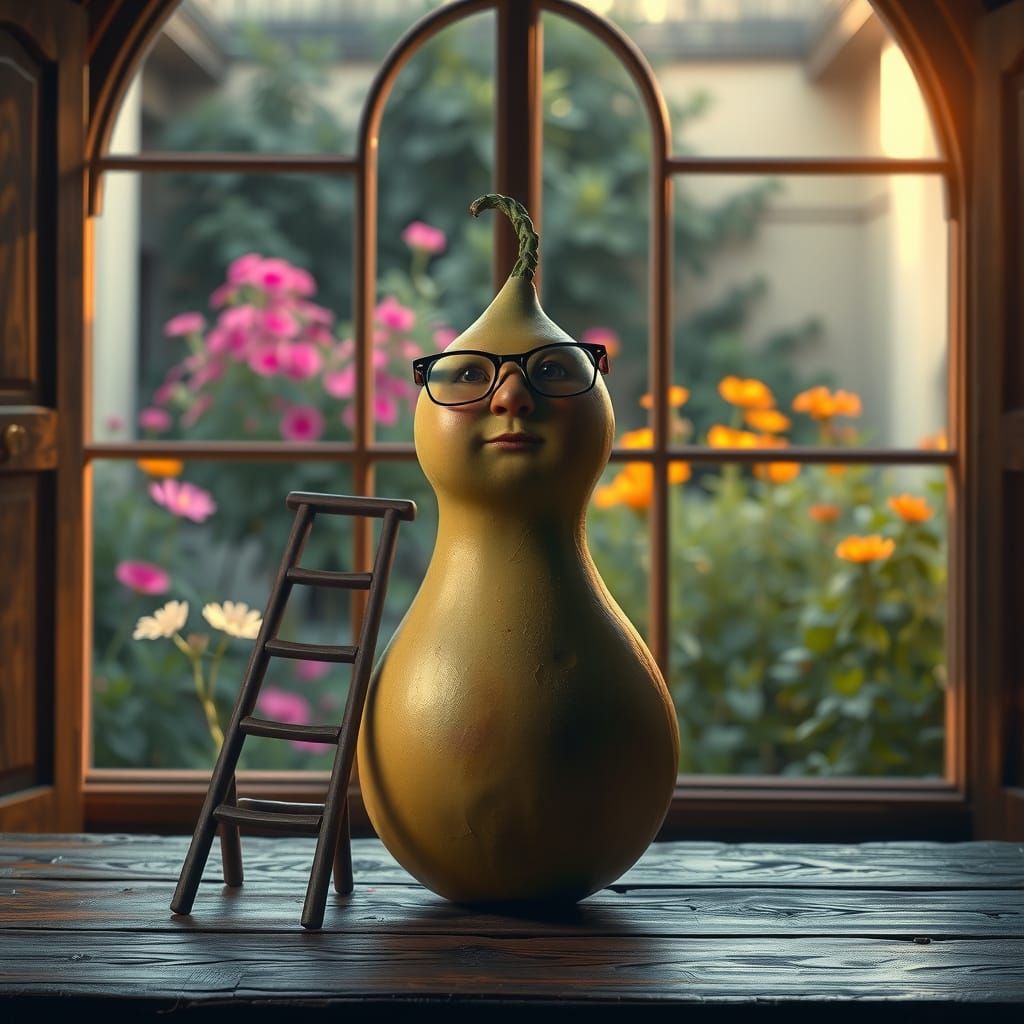 Serene Anthropomorphized Gourd in Rustic Courtyard Setting