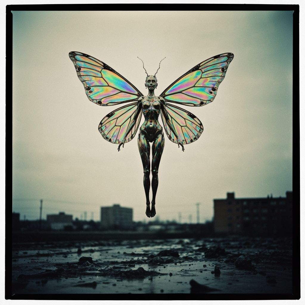 Oil Slick Fairy Over Polluted Cityscape in Rutkowski Style