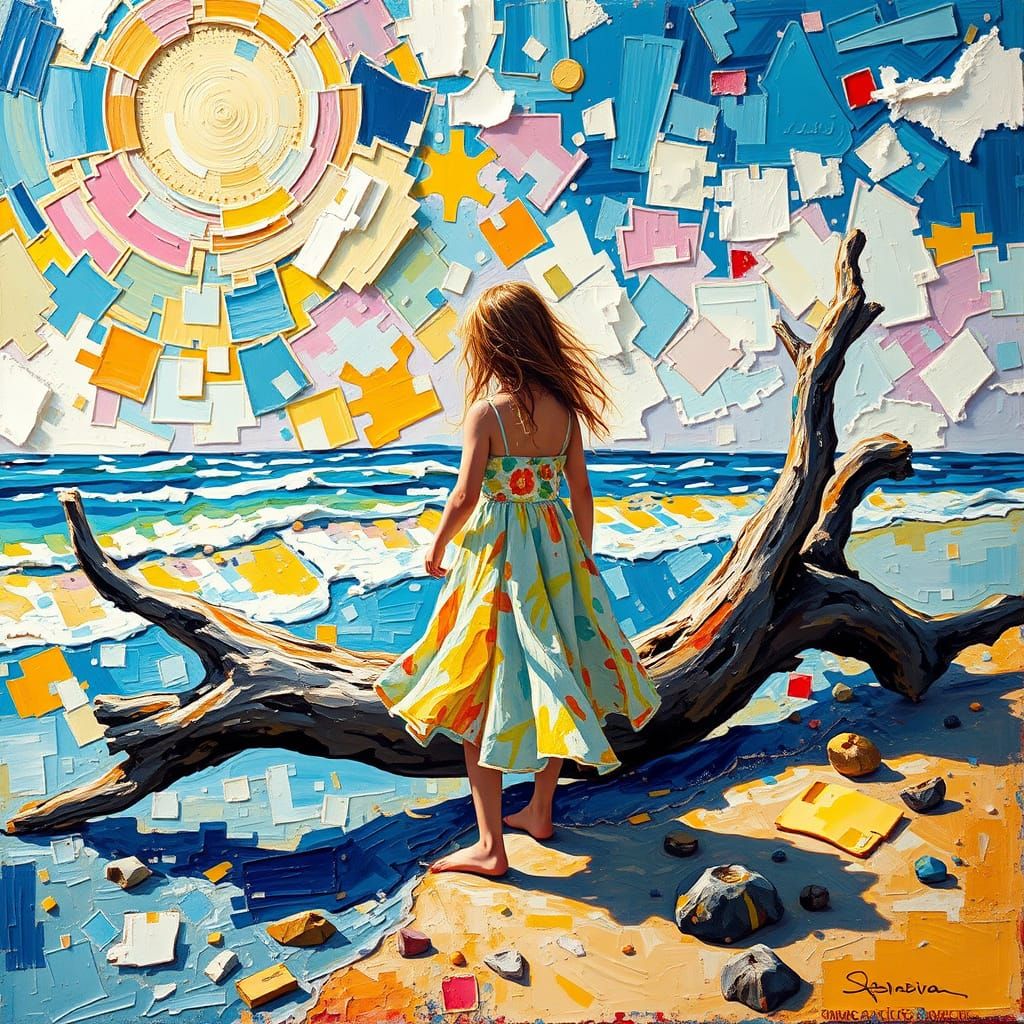 Whimsical Driftwood Raft in Vibrant Neo-Impressionist Style