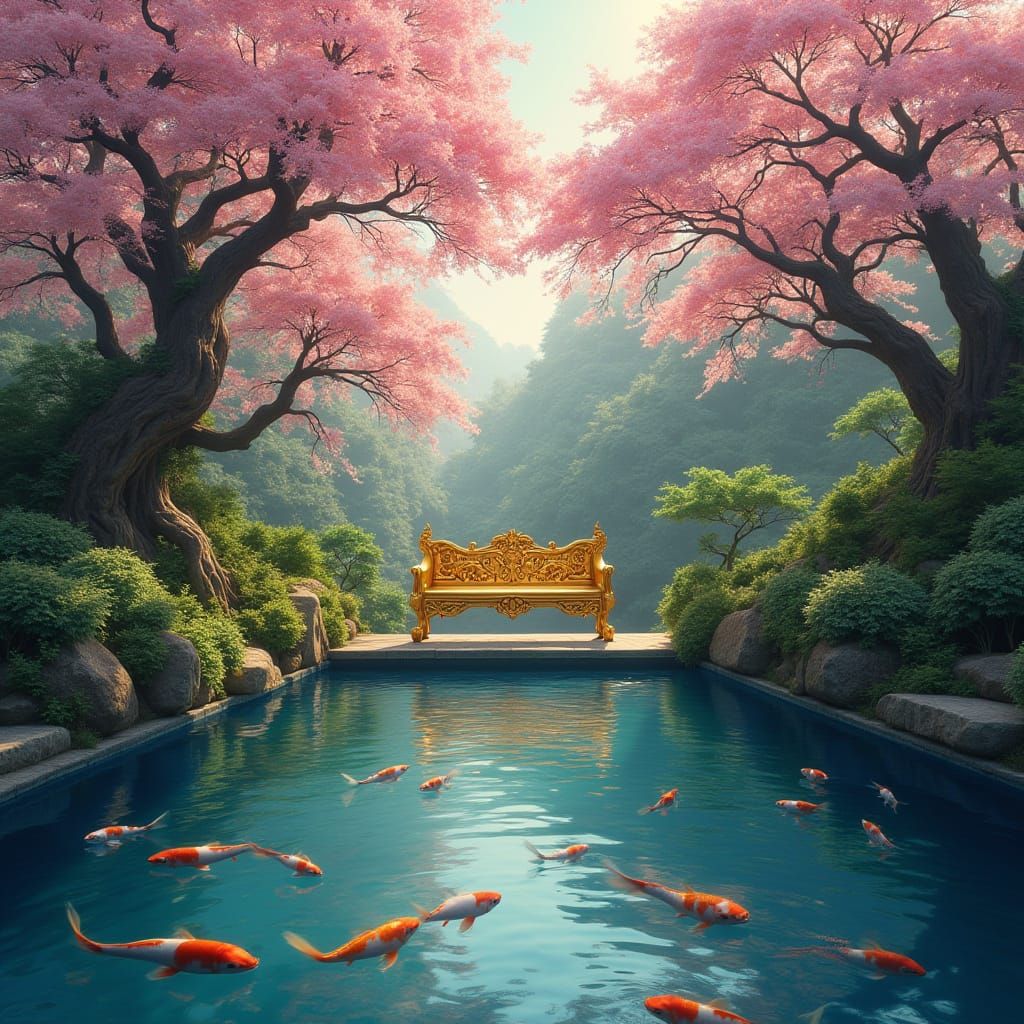 Golden Bench in Lush Cherry Blossom Forest