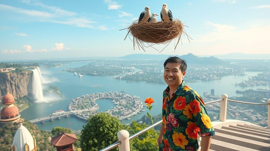 Utopian Water City with Stork Nests, Japanese Style
