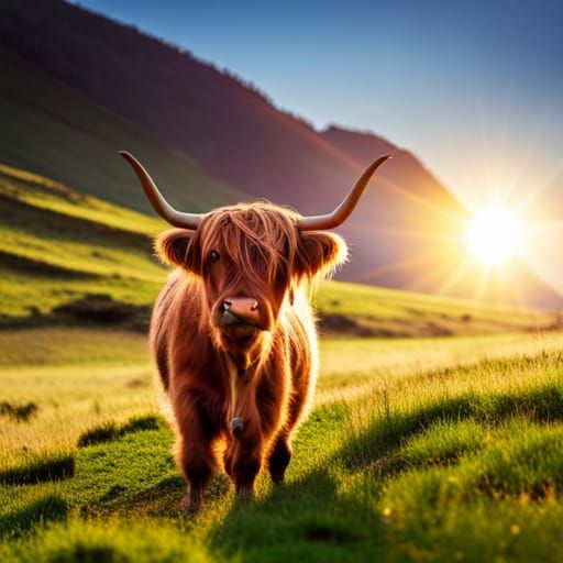Highland Cow in Scottish Meadow at Golden Hour