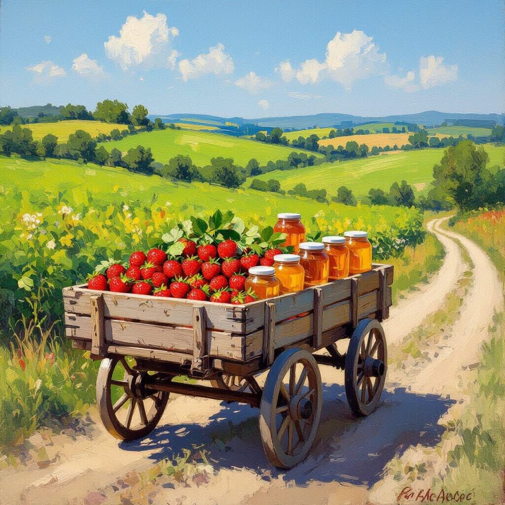 Strawberry Cart on Country Road as Impressionist Art