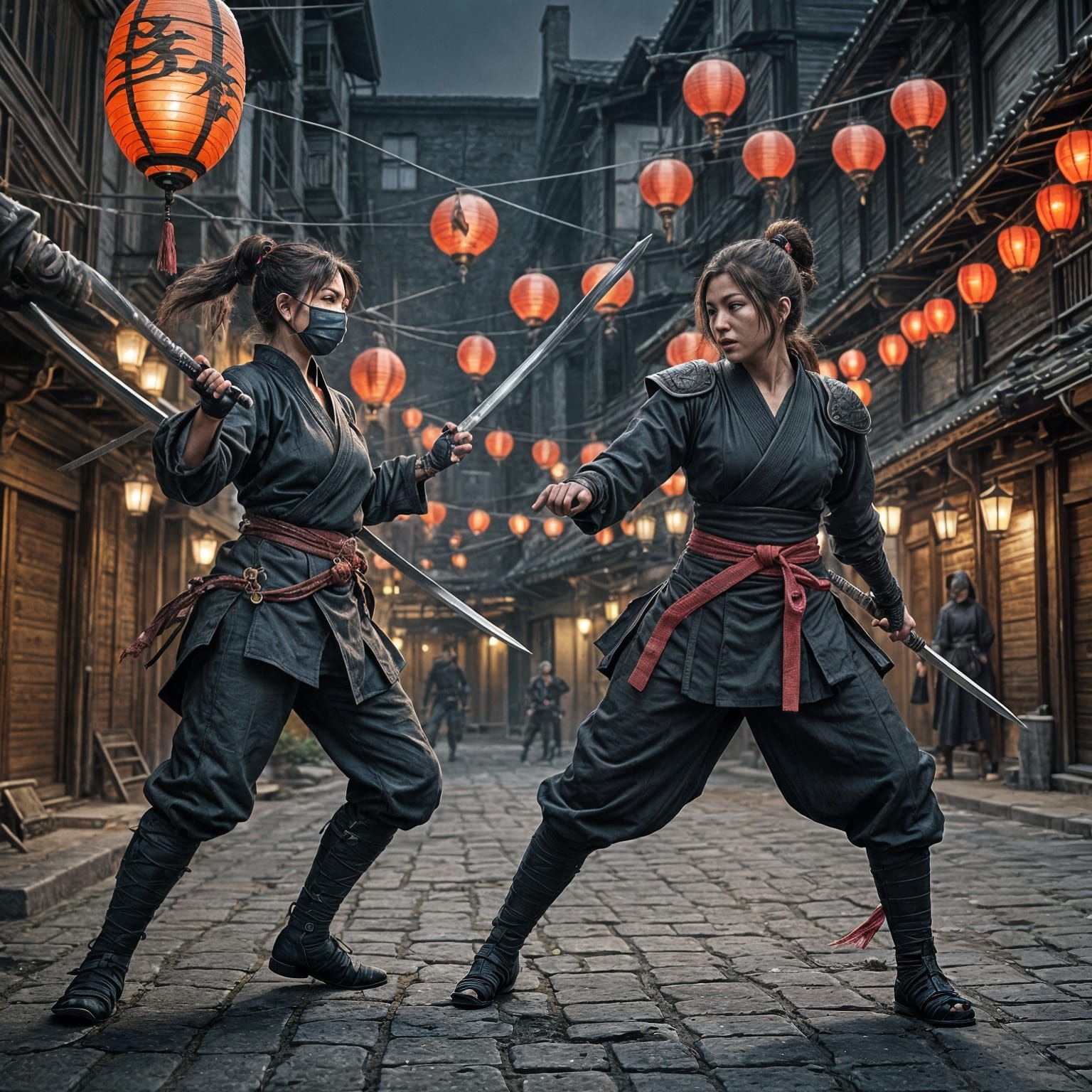 Ninja and Samurai Duel in Modern Cityscape