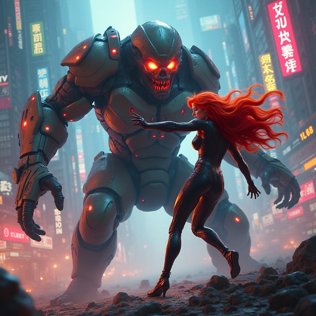 Cyberpunk Heroine Battles Futuristic Monster in Neon-Lit Met...