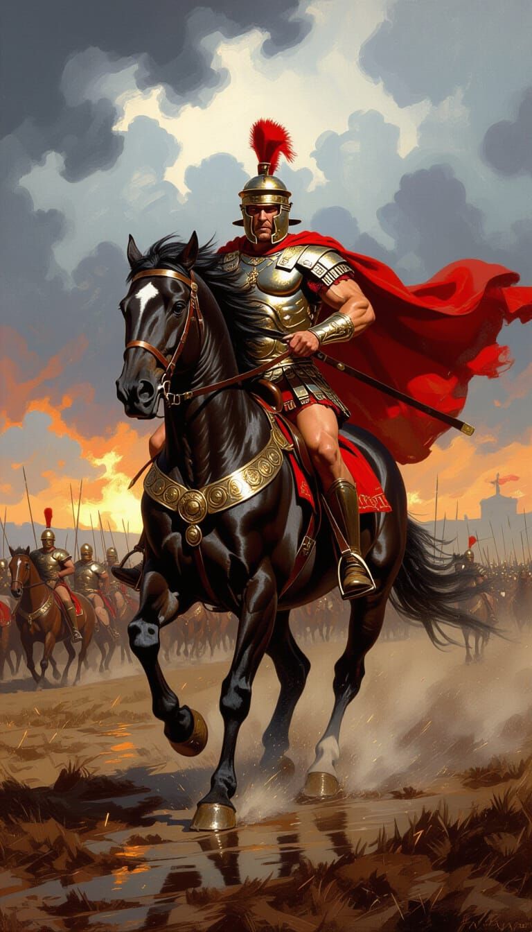 Roman General on Warhorse in Stormy Battlefield