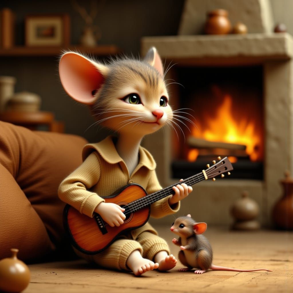 Tabby Cat Plays Guitar For Mouse in Cozy Living Room