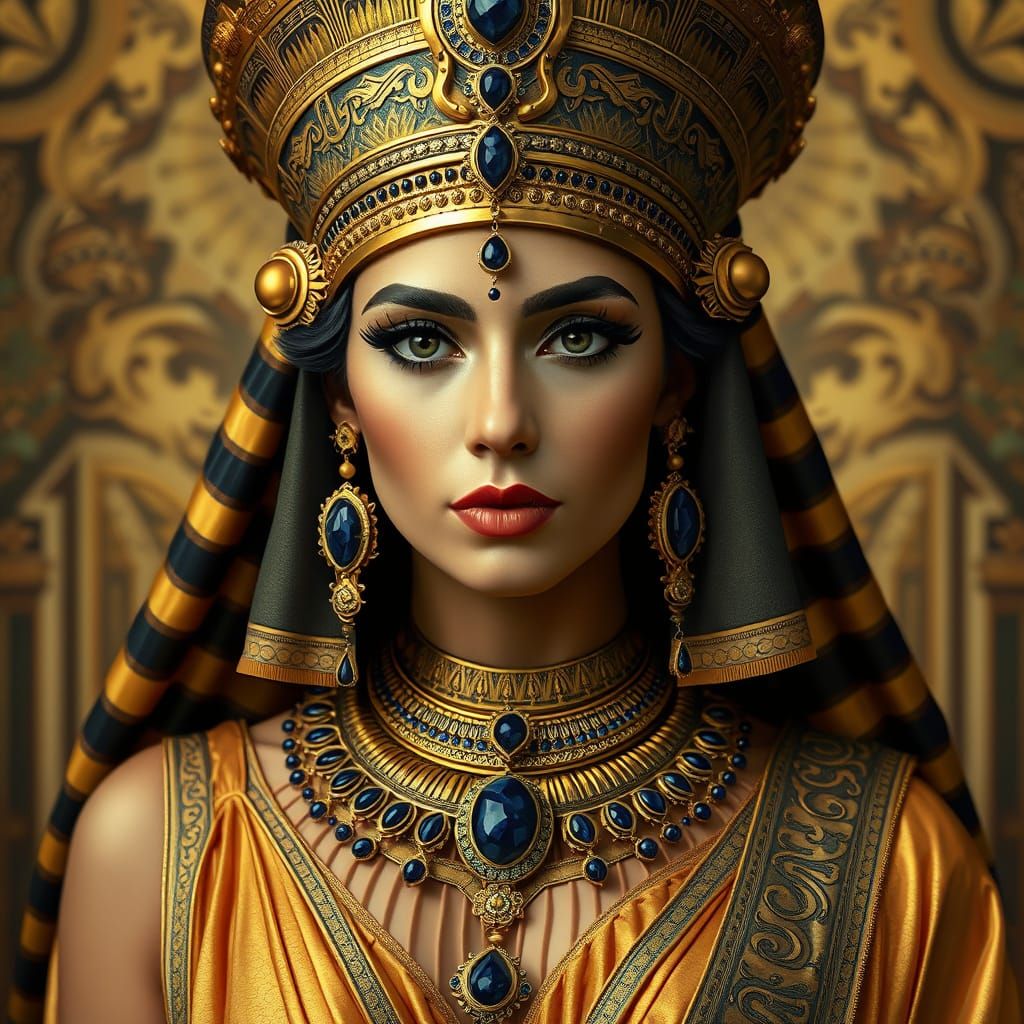Cleopatra Portrait with Gold Crowns in Art Deco Style