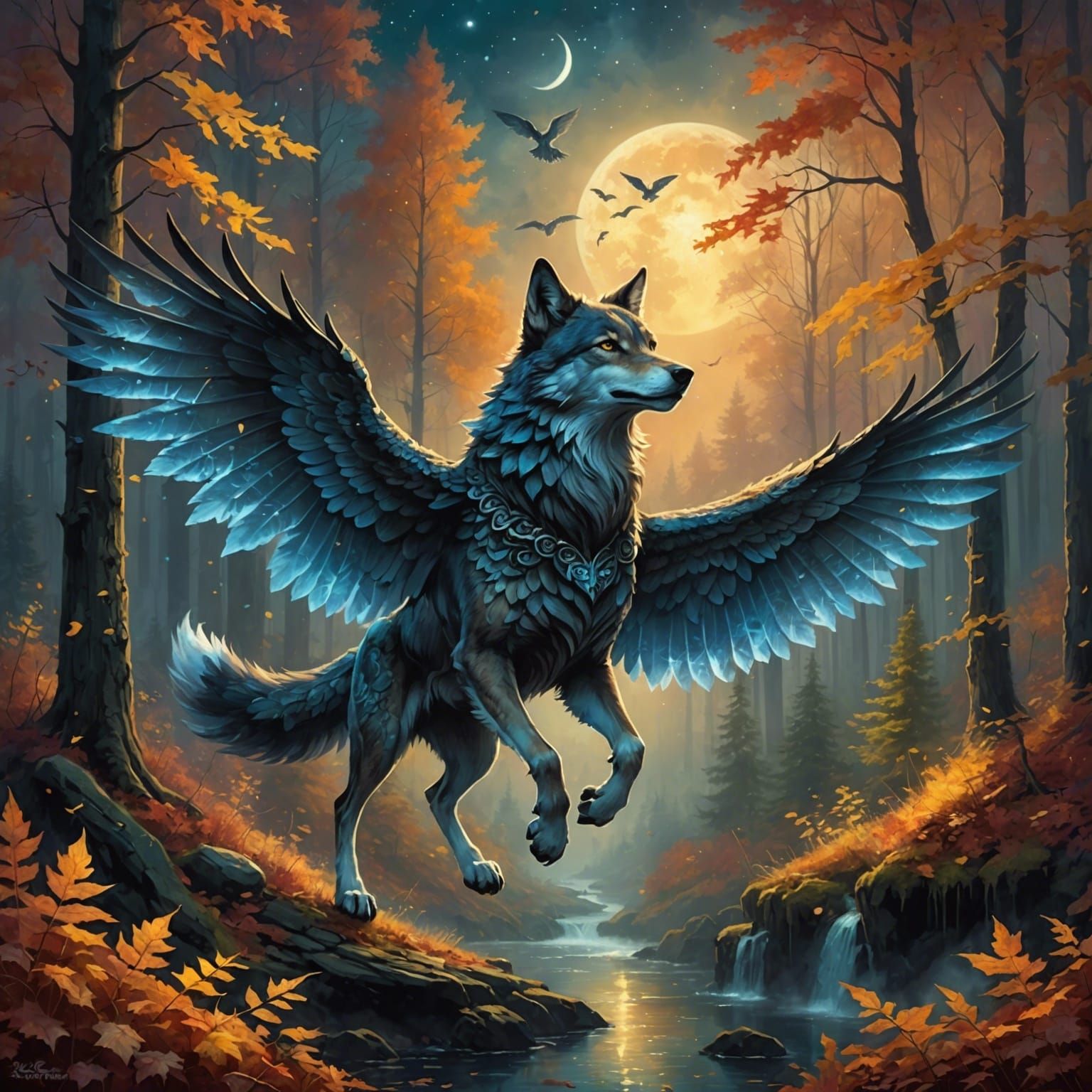 Winged Wolf Flying Over Autumn Forest