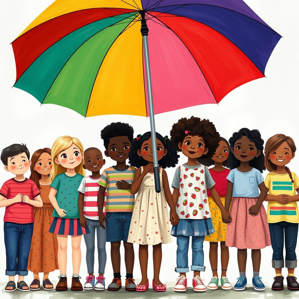 Diverse Children Unite Under a Rainbow Umbrella