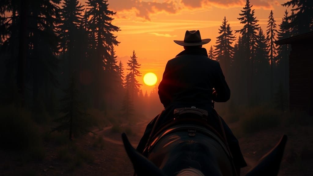 Weary Outlaw on Horseback at Sunset