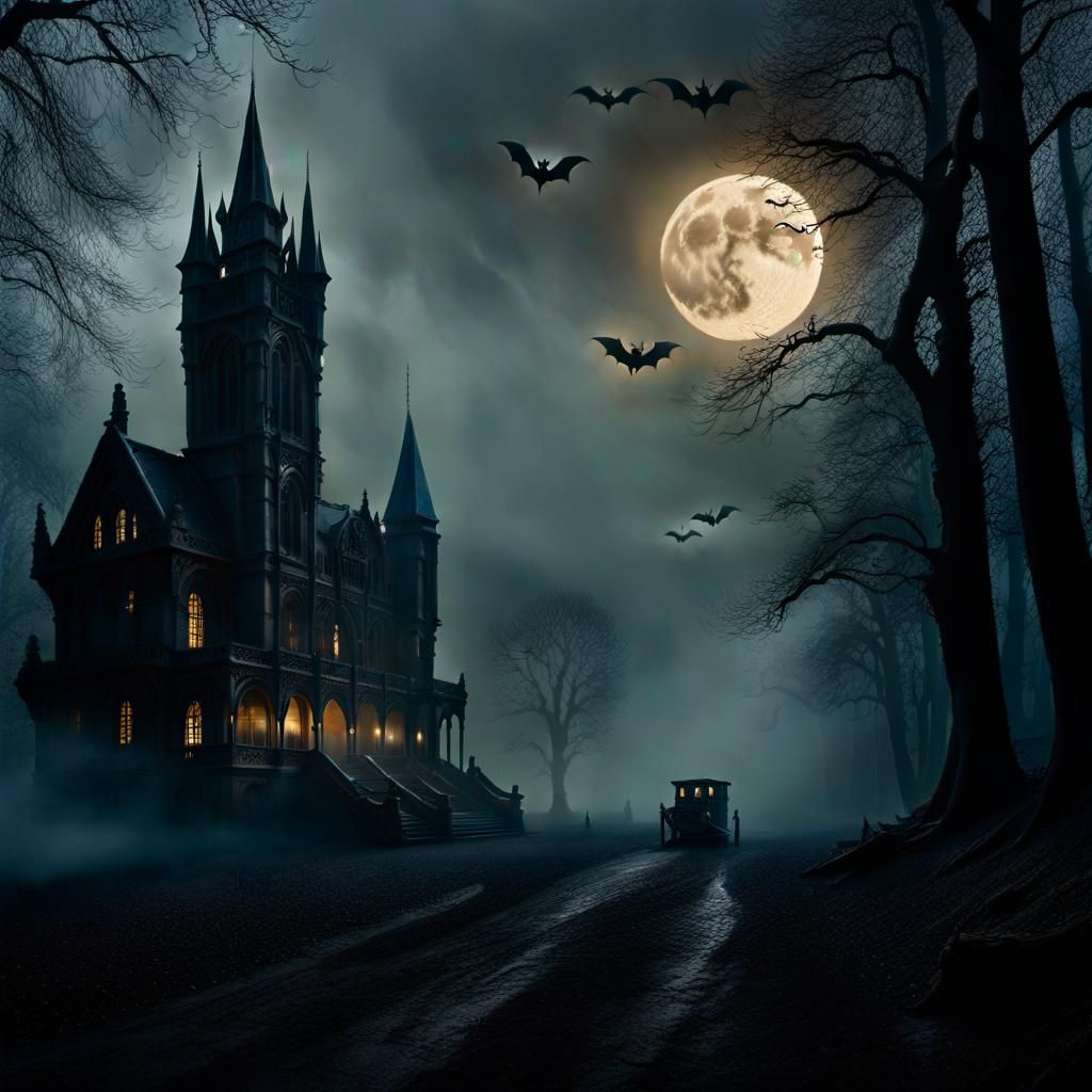 Eerie Scene with Ghosts, Bats, and Vampires