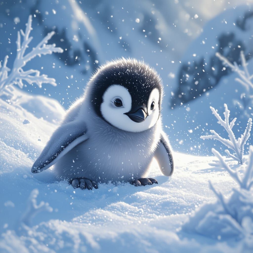 Fluffy Penguin Sliding on Snowy Slope