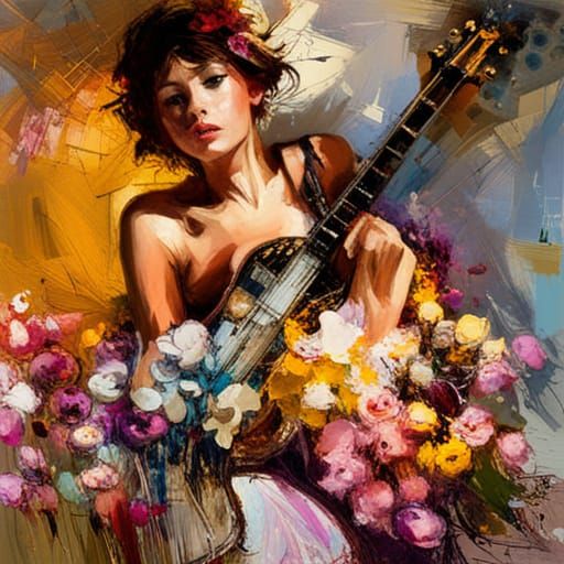 Floral Acoustic Guitar: Matte Painting with Oil Textures