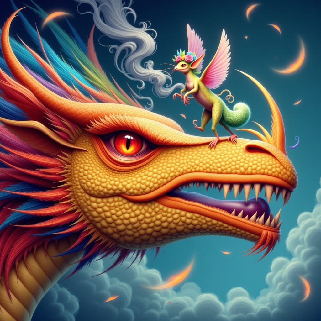 Colossal Dragon Meets Rainbow Creature in Whimsical Style