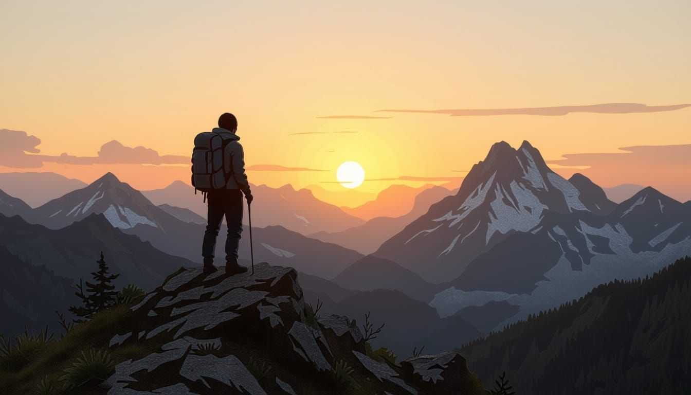 Lone Hiker at Sunrise: Bierstadt Meets Yoshida