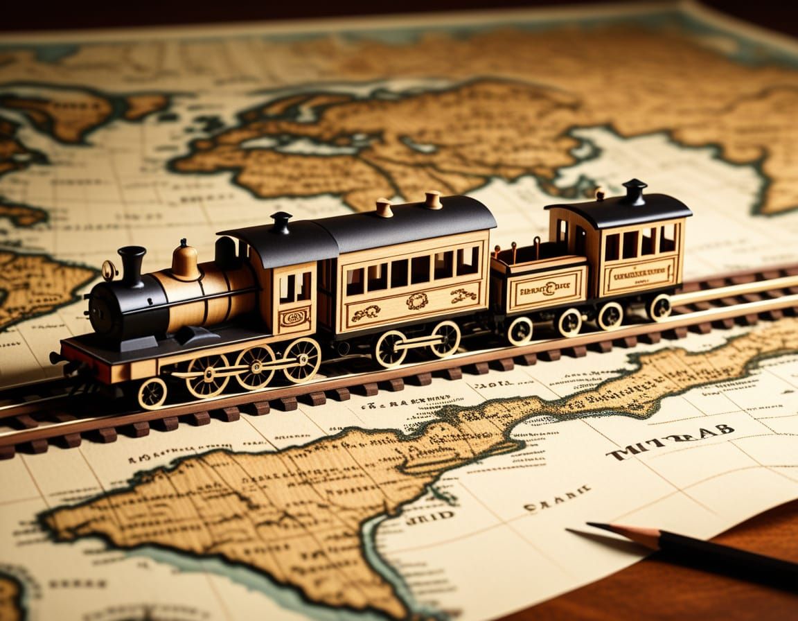 Miniature Steam Train Inside Wooden Pencil on World Map