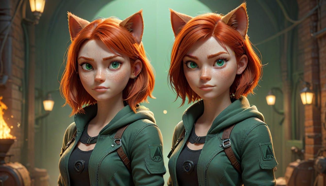 Redhead Twin Cat Girls: Pixar-Style 3D Digital Art