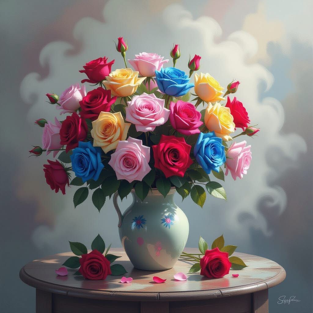 Roses in Vase: Impressionist Charcoal Drawing with Ethereal ...