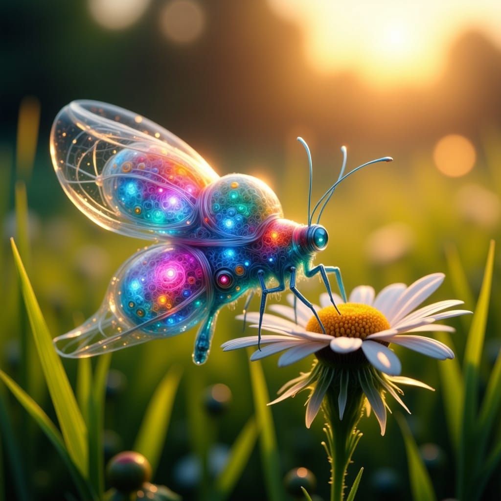 Futuristic Butterfly on Daisy in Hyperreal Style