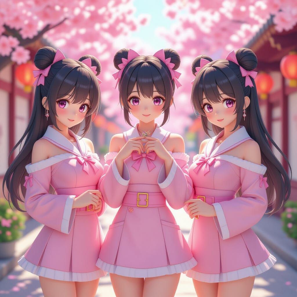 Adorable Girls in Pink: 3D Anime Art