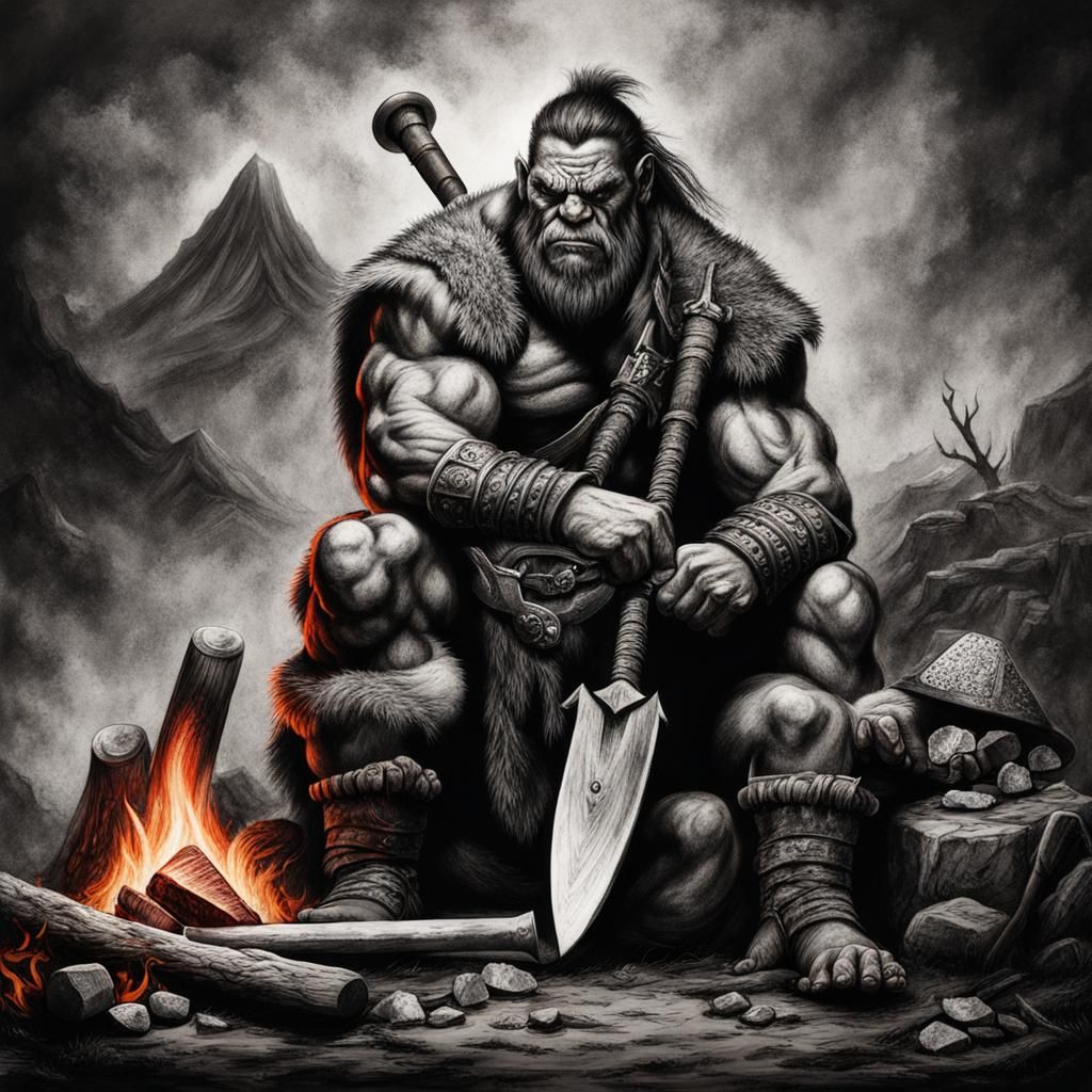 Orc Barbarian Sharpening Axe: Hyperdetailed Charcoal Drawing