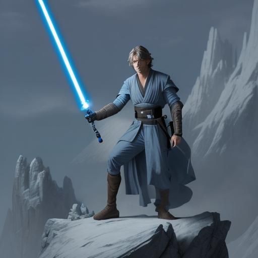 A male jedi knight with a blue lightsaber meditating on top of a mountain