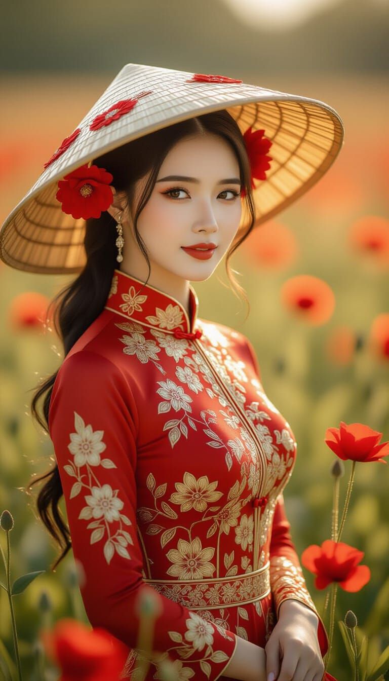 Vietnamese Woman in Floral Conical Hat