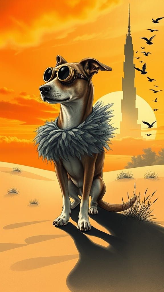 Surreal Steampunk Canine Contemplates Sunset