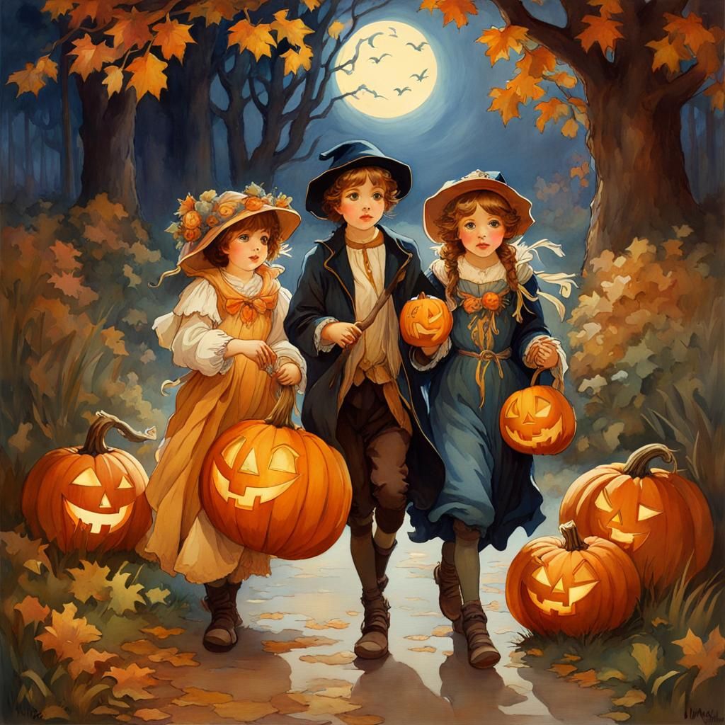 Halloween Trick or Treat in Gouache Watercolor Style