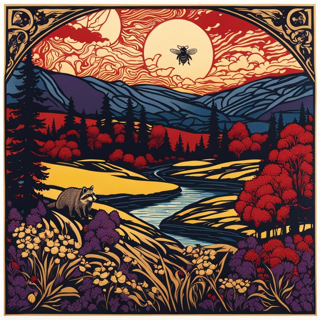 Vermont Landscape with Raccoon in Art Nouveau Style