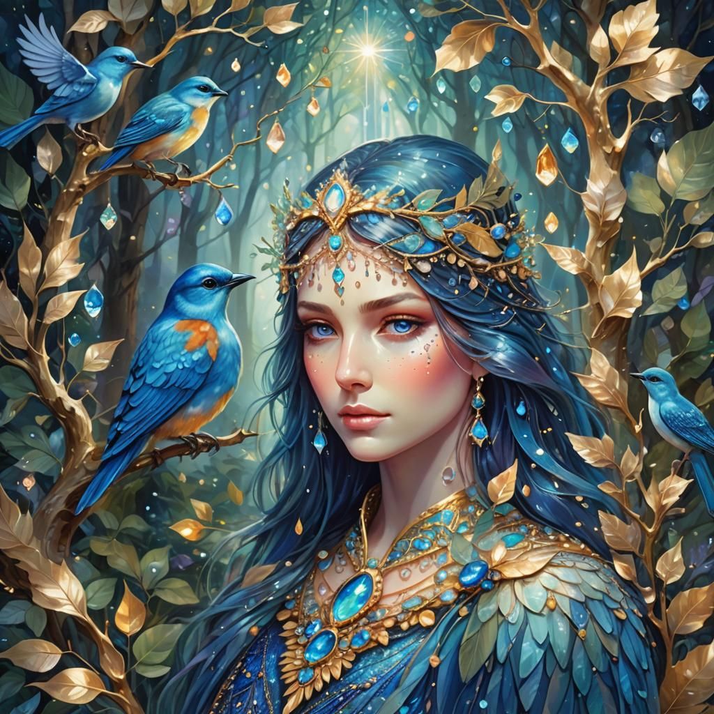 Blue Bird Portrait in Magical Forest: Astral Illustration