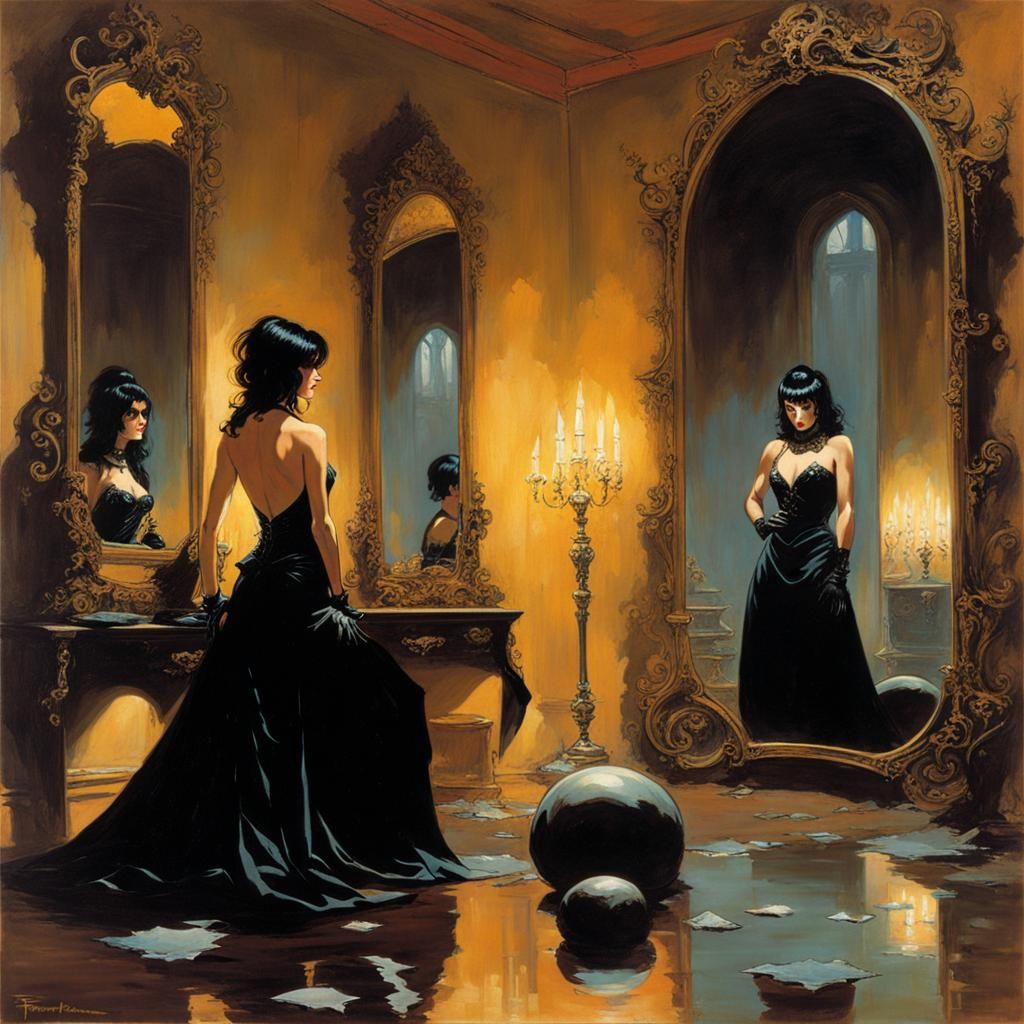 Gothic Women in Room of Broken Mirrors