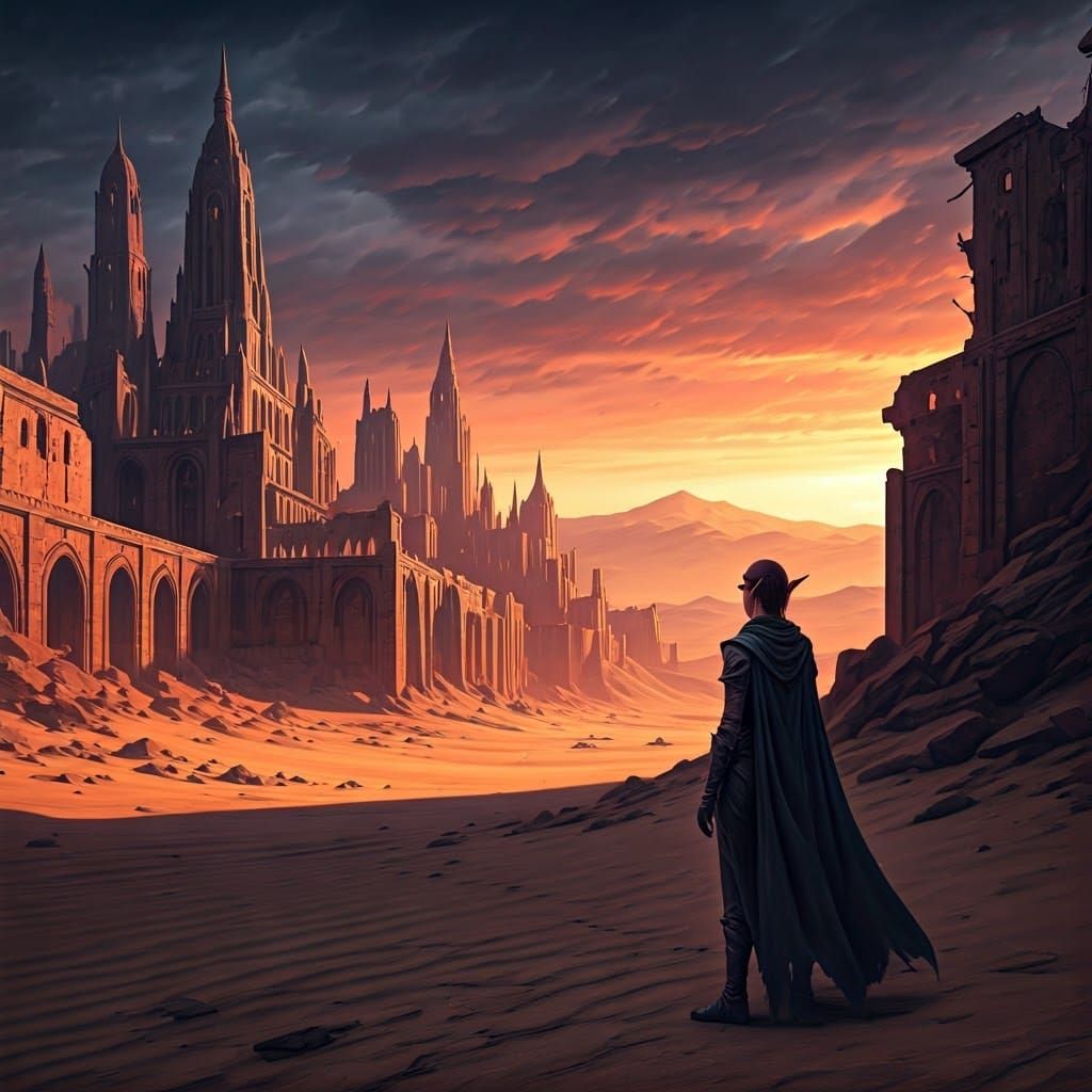 Ethereal Elf Woman Stands Vigilant on Ruined Desert City Edg...