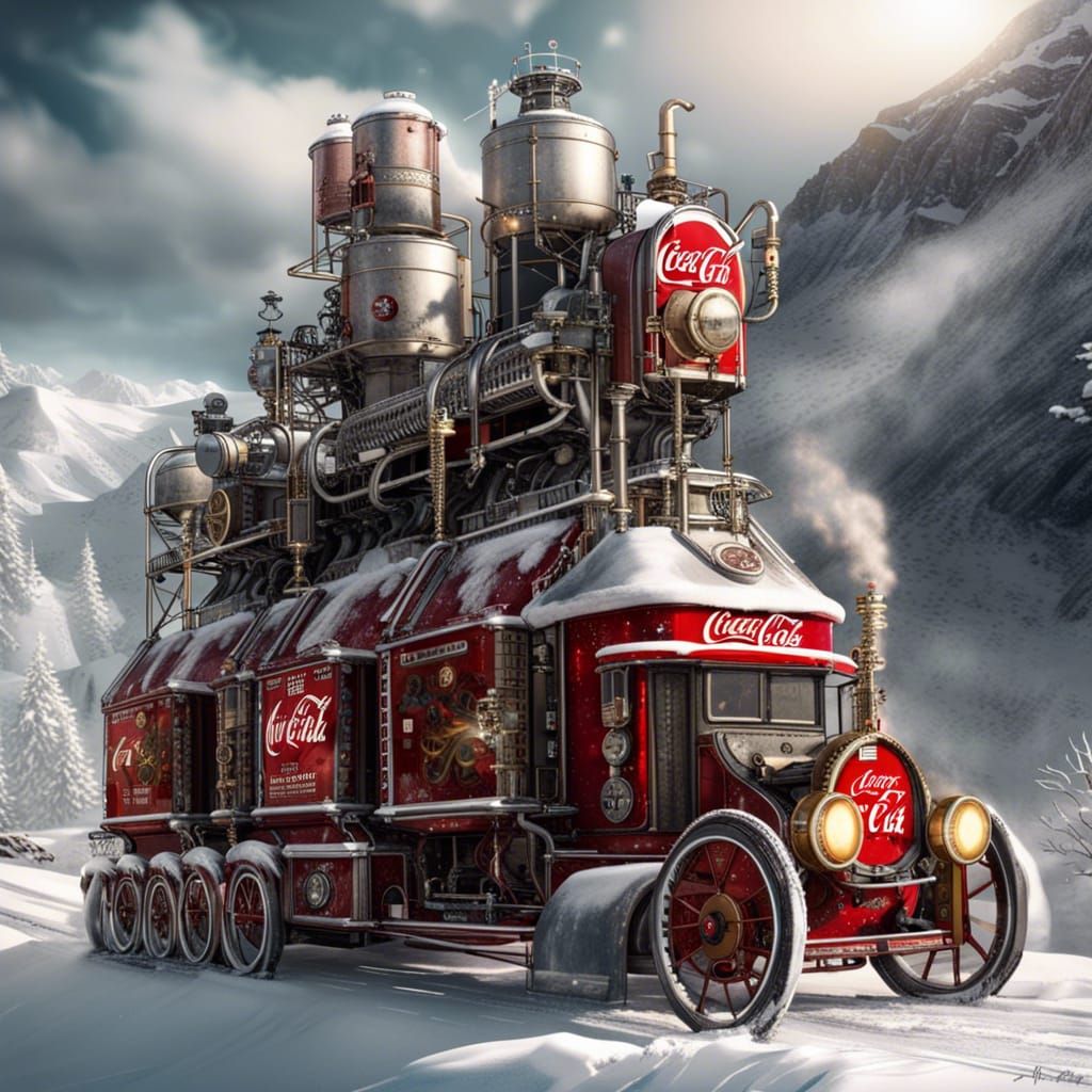 Steampunk Coca Cola Christmas Lorries on Snowy Mountains
